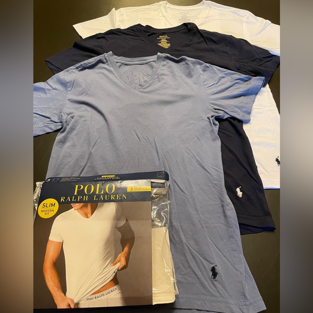 Polo T-shirts Men’s V-neck Medium Slim Fit NEW: Slate Blue/Dark Navy/White